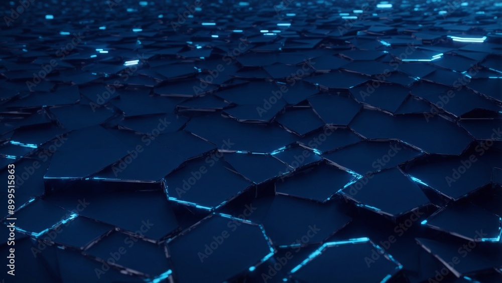 Fototapeta premium Cybernetic Fracture: A mesmerizing expanse of fractured, glowing blue hexagons, evoking a futuristic or technological theme.