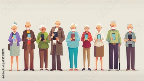 A group of elderly people holding various modern devices, showcasing their engagement with technology in a lively and colorful environment. Generative AI