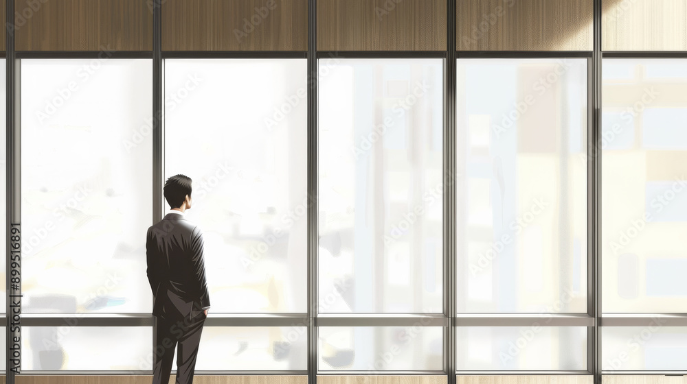 A solitary man stands pensively by large windows, gazing at the bright cityscape, drowned in the natural light that suffuses the modern interior space. A solitary man stands pensively by large windows, gazing at the bright cityscape, drowned in the natural light that suffuses the modern interior space.