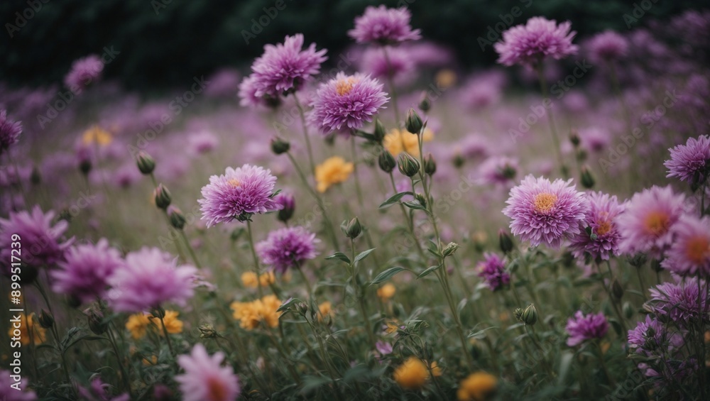 Purple Wildflowers in the Meadow: A delicate and vibrant field of purple wildflowers, with a hint of yellow blooms, basking in the soft light of a summer afternoon. The soft focus and muted colors cre Purple Wildflowers in the Meadow: A delicate and vibrant field of purple wildflowers, with a hint of yellow blooms, basking in the soft light of a summer afternoon. The soft focus and muted colors cre