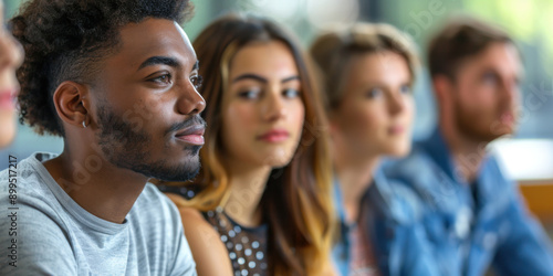 Diverse group of young adults attentively listening in a classroom setting, engaged in learning and discussion.