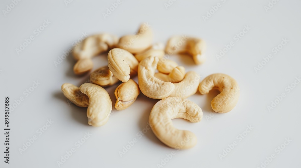 Several cashew nuts are lying on a white surface, creating a tasty and nutritious snack Several cashew nuts are lying on a white surface, creating a tasty and nutritious snack