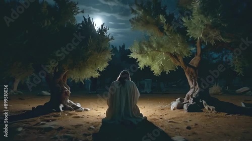 Jesus Christ praying in the Gethemane garden scene animation  -- 4k stock video footage AI