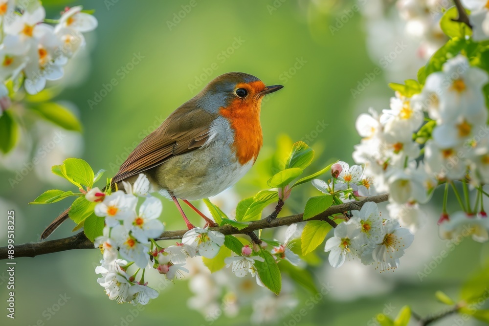 robin bird perched on the branch of blooming white flowers robin bird perched on the branch of blooming white flowers