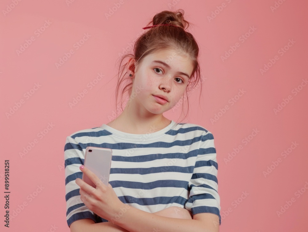 A girl is holding a cell phone in her hand and looking at the camera A girl is holding a cell phone in her hand and looking at the camera