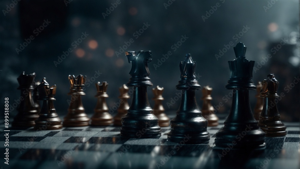 The Art of Strategy: A beautifully lit chessboard locked in an intense battle of wits, with gold and black pieces poised for the next move in a smoky, atmospheric setting. The Art of Strategy: A beautifully lit chessboard locked in an intense battle of wits, with gold and black pieces poised for the next move in a smoky, atmospheric setting.