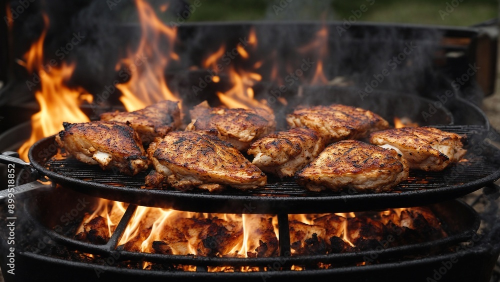 Fiery Feast: Juicy chicken breasts sizzle on the grill, engulfed in flames, promising a delicious barbecue experience. Fiery Feast: Juicy chicken breasts sizzle on the grill, engulfed in flames, promising a delicious barbecue experience.