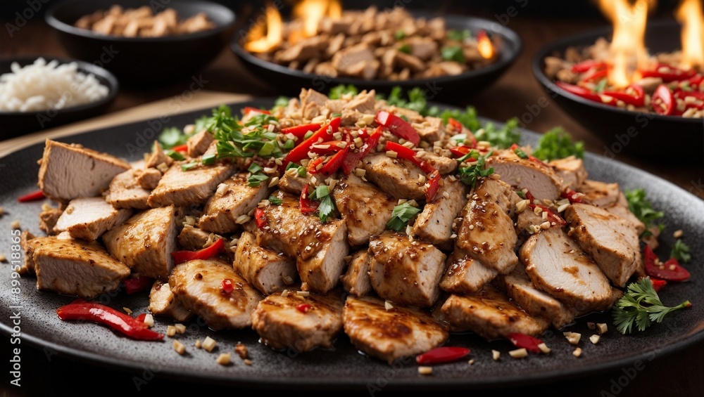 Spicy Tofu Feast: A vibrant spread of tofu, seasoned with chili peppers and garnished with chopped peanuts, awaits on a black platter. The tempting aroma and rich texture create a culinary masterpiec Spicy Tofu Feast: A vibrant spread of tofu, seasoned with chili peppers and garnished with chopped peanuts, awaits on a black platter. The tempting aroma and rich texture create a culinary masterpiec