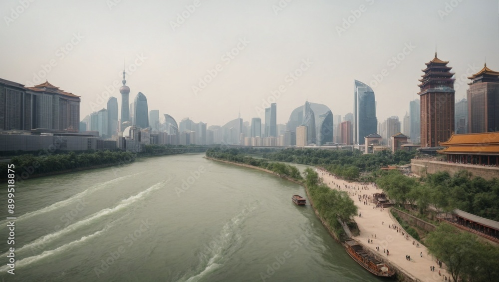 Obraz premium Shanghai Skyline Serenity: A tranquil river winds through the heart of Shanghai, reflecting the city's modern skyline and ancient architecture in perfect harmony. 