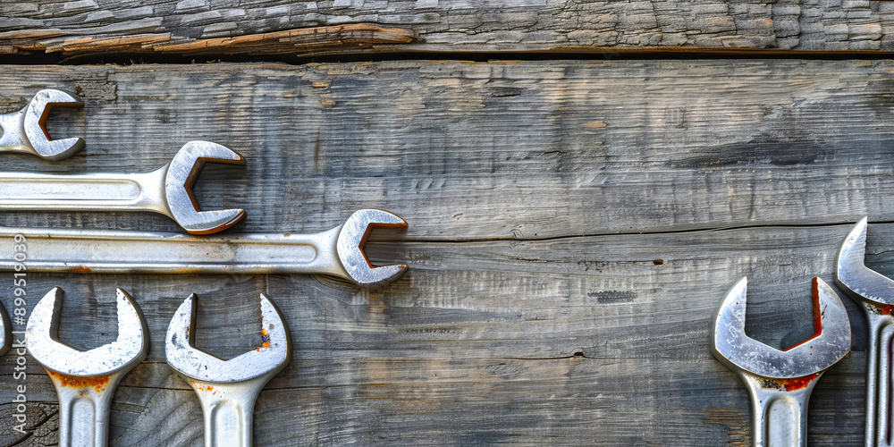 Aged and weathered wrenches on distressed wooden background Aged and weathered wrenches on distressed wooden background