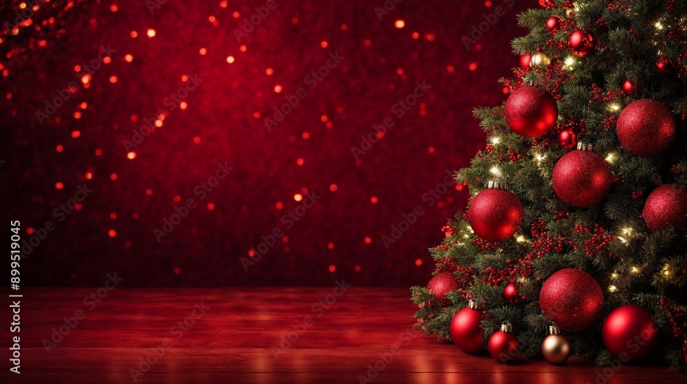 Obraz premium Sparkling Christmas Tree: A majestic Christmas tree adorned with red ornaments and twinkling lights, set against a shimmering red backdrop, captures the festive magic and warmth of the holiday season.