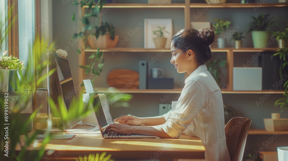 Professional Indian Woman Working in a Bright Home Office with Green Plants Professional Indian Woman Working in a Bright Home Office with Green Plants