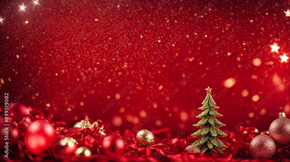 Christmas Sparkle: A miniature Christmas tree nestled amidst shimmering red and gold ornaments on a backdrop of sparkling red bokeh. Christmas Sparkle: A miniature Christmas tree nestled amidst shimmering red and gold ornaments on a backdrop of sparkling red bokeh.