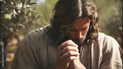 Jesus Christ praying in the Gethemane garden scene animation  -- 4k stock video footage AI