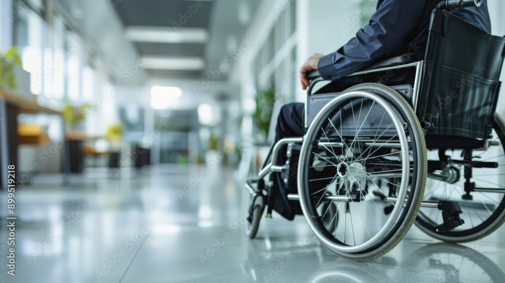 Person in a wheelchair in a modern office corridor. Accessibility and inclusivity at the workplace. Person in a wheelchair in a modern office corridor. Accessibility and inclusivity at the workplace.
