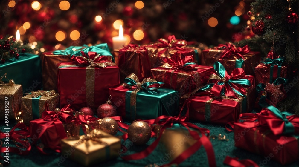 Christmas Gift Pile: A captivating tableau of Christmas gifts wrapped in red and green paper with golden bows, illuminated by warm candlelight. A festive atmosphere of anticipation and joy fills the s Christmas Gift Pile: A captivating tableau of Christmas gifts wrapped in red and green paper with golden bows, illuminated by warm candlelight. A festive atmosphere of anticipation and joy fills the s