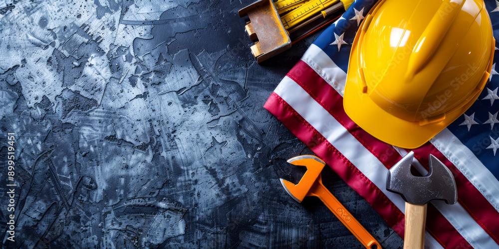 Labor Day Tools and Hard Hat with American Flag on Textured Background Labor Day Tools and Hard Hat with American Flag on Textured Background