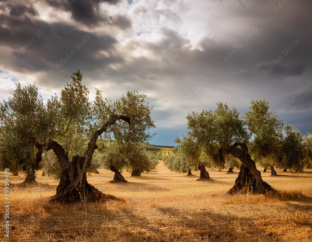 Fototapeta premium Olive grove and stormy sky, Gökçeada, Imbros island, Turkey