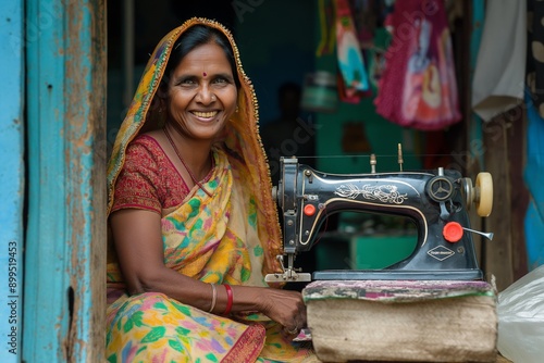 Skilled Indian Woman Joyfully Sewing Traditional Fabrics with a Vintage Machine photo