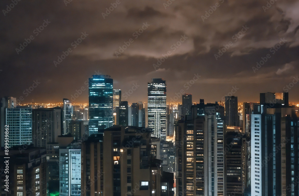 Obraz premium City Skyline with Dark Clouds and City Lights On