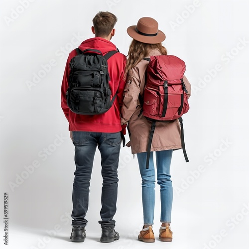 A couple of travelers tourists with backpacks isolated on light gray background