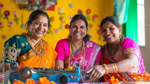 Three Smiling Indian Self-Employed Women in Colorful Attire Working Together