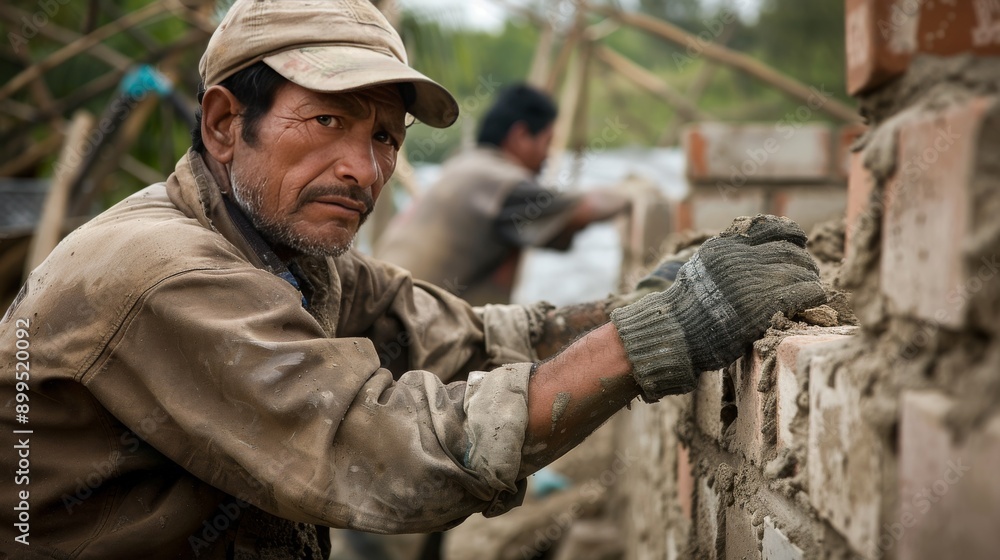 Obraz premium Hardworking Bricklayer in Action with a Focused Expression at a Construction Site