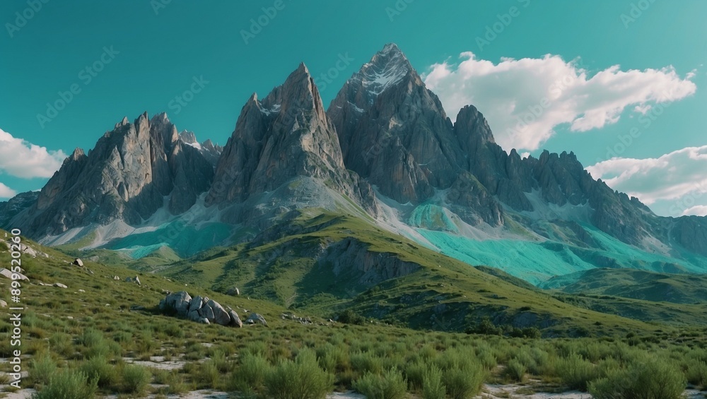 Mountain landscape with green fields and blue sky Mountain landscape with green fields and blue sky
