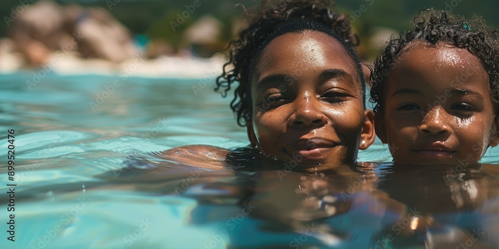 A young girl and boy are swimming in a pool A young girl and boy are swimming in a pool