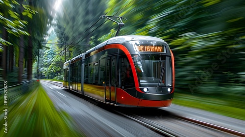 Close-up of electric tram moving through greenery, oil painting style, eco-friendly and vibrant, taken with Panasonic lens, more clarity with clear light and sharp focus, high detailed