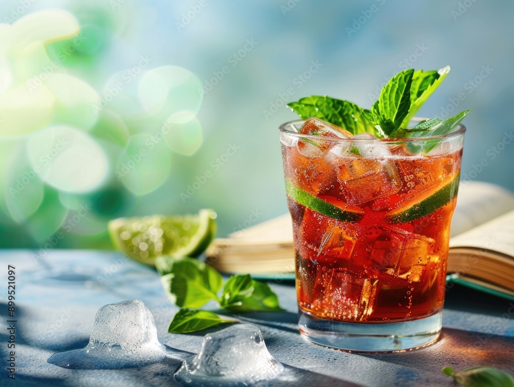 A glass of iced tea with a lime wedge and a sprig of mint on the side A glass of iced tea with a lime wedge and a sprig of mint on the side