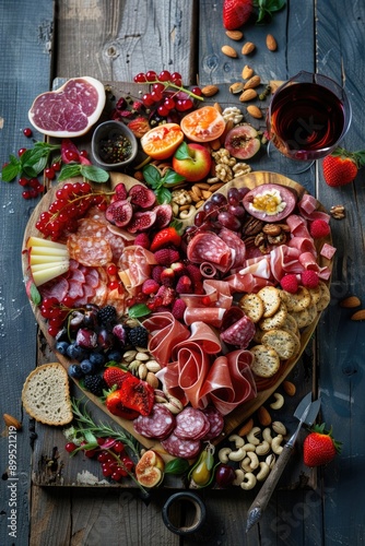 A heart-shaped platter of food and wine is displayed on a wooden table