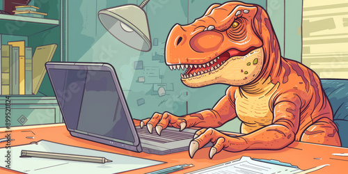 Fototapeta Naklejka Na Ścianę i Meble -  T-rex dinosaur typing on laptop in a modern office setting