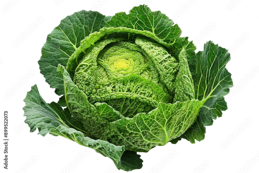 Obraz premium Green cabbage with water drops on the leaves, isolated on white background.