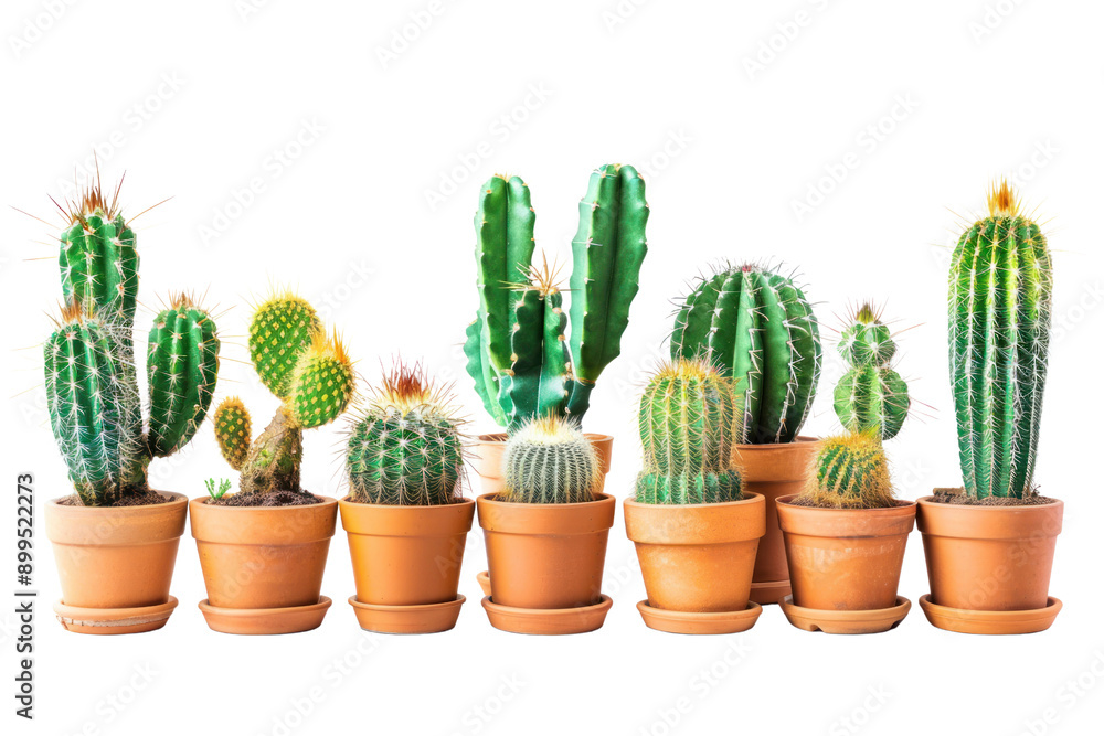 Collection of colorful cacti Arranged in groups of clay pots. Isolated on a white background Collection of colorful cacti Arranged in groups of clay pots. Isolated on a white background