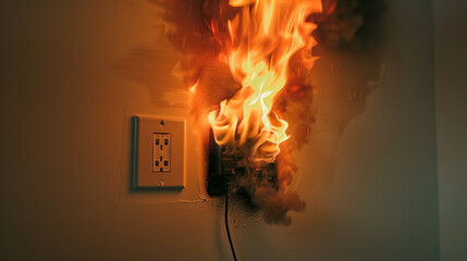 Electrical outlet catching fire with large flames and smoke. Safety warnings and fire hazard awareness.