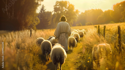 A shepherd in a robe leading a flock of sheep along a sunlit path in a serene countryside during golden hour, exuding peace and pastoral beauty.