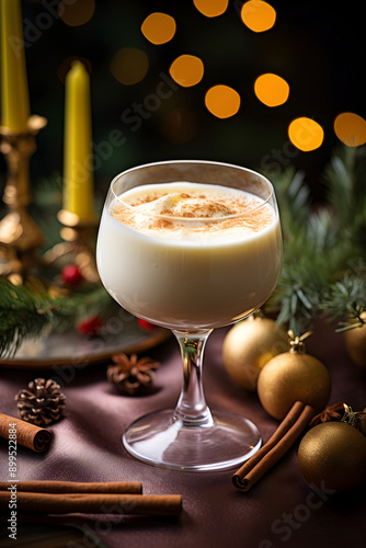 Holiday Seasonal Eggnog Cocktail garnished with Cinnamon Stick in Fancy Glassware surrounded by Christmas Melody