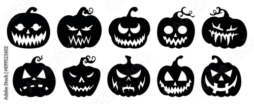 Creepy Pumpkin Faces Collection. Halloween Silhouettes with Various Emotions. Black Vector Icons Isolated on Transparent Background. Ideal for October Celebrations, Parties, and Horror Illustrations