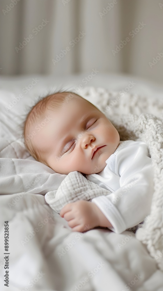 Sleeping Newborn Baby Wrapped in Soft White Blanket in Cozy Nursery Setting Sleeping Newborn Baby Wrapped in Soft White Blanket in Cozy Nursery Setting