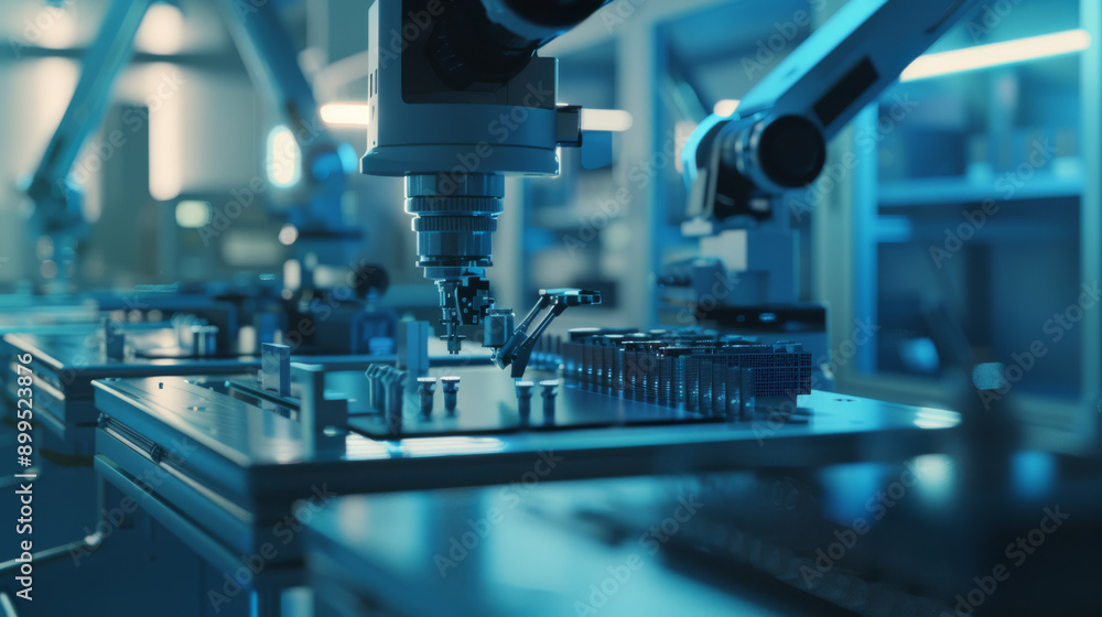 Fototapeta premium A high-tech industrial robotic arm precisely operates on a production line in a state-of-the-art manufacturing facility, bathed in blue light.