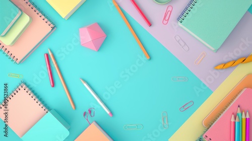 Top view of school supplies, notebooks, pencils with blank paper on pastel background.