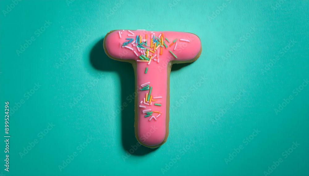 Frosted sprinkled donut in the shape of the letter T Frosted sprinkled donut in the shape of the letter T