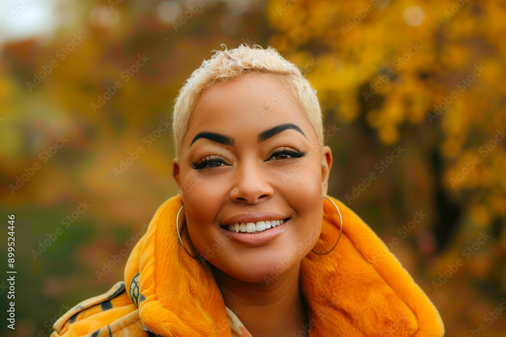 Autumn portrait of a smiling woman with short blonde hair, wearing an orange jacket, and fall foliage in the background. Seasonal promotions, fashion advertising, and lifestyle articles. Autumn portrait of a smiling woman with short blonde hair, wearing an orange jacket, and fall foliage in the background. Seasonal promotions, fashion advertising, and lifestyle articles.