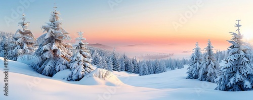 Winter sunrise over a snowy landscape with pink and orange hues, serene dawn, tranquil winter morning