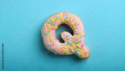 Frosted sprinkled donut in the shape of the letter Q