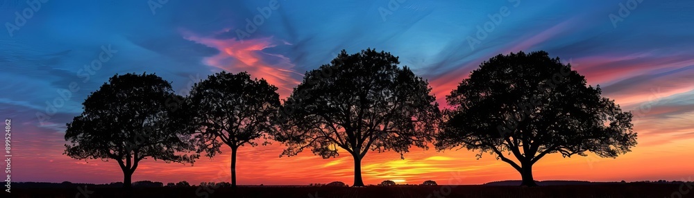 Silhouette of trees against a vibrant, colorful sky during sunset, peaceful and tranquil Silhouette of trees against a vibrant, colorful sky during sunset, peaceful and tranquil
