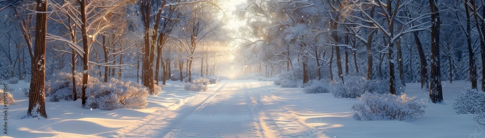 Frosty morning snowy forest trail with sun rays piercing through trees, winter walk, serene nature path Frosty morning snowy forest trail with sun rays piercing through trees, winter walk, serene nature path
