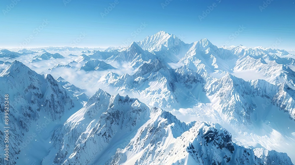 Panoramic view of snow-covered mountain peaks with a clear blue sky, winter landscape, majestic alpine scenery Panoramic view of snow-covered mountain peaks with a clear blue sky, winter landscape, majestic alpine scenery