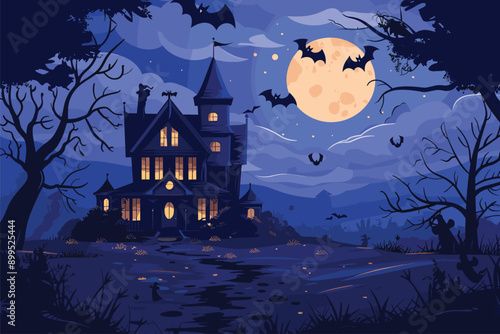 Halloween background with castle. Halloween scary house in the woods. Halloween background with castle house. Halloween background with haunted house and full moon, Vector illustration